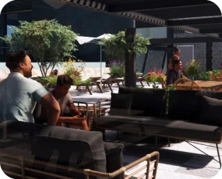 Terraza con asoleaderos · Render oficial